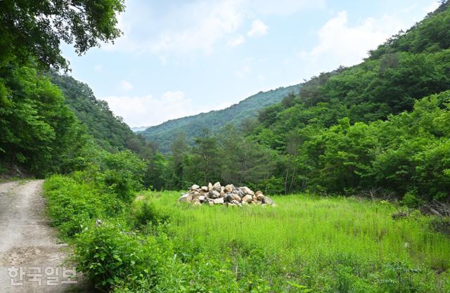 비수구미마을이 가까워지면 버려진 옛 농지가 보인다. 새 건물을 지으려는지 돌무더기를 부려 놓았다.