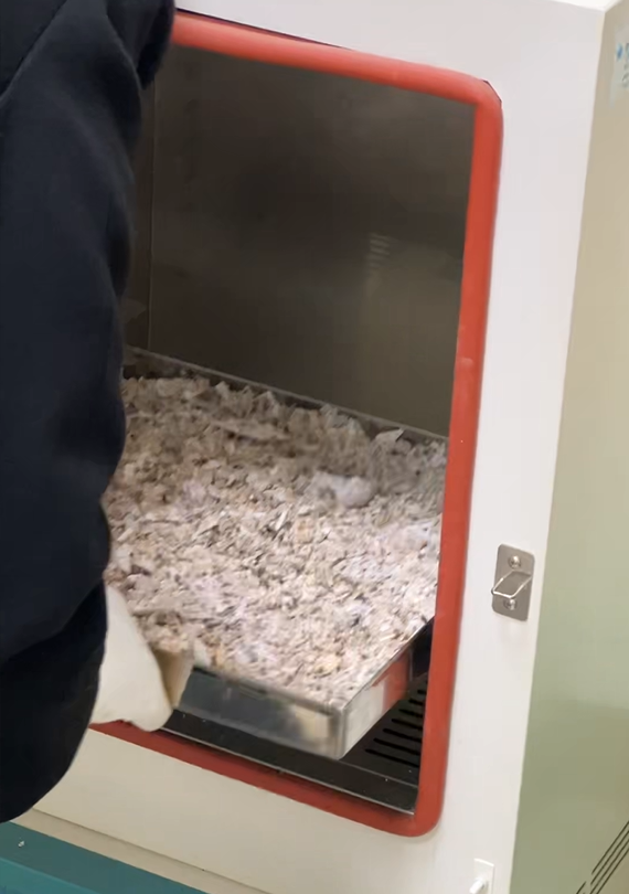 지난해 12월 국립영천호국원 직원이 물에 잠긴 참전유공자의 유골을 산업용 건조기에 넣고 건조하고 있다. 국가보훈부 노조 제공