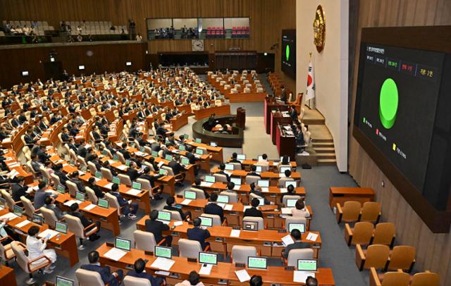 2024년 8월 28일 국회에서 열린 제417회(임시회) 제2차 본회의에서 민법 일부개정법률안(구하라법)이 재적 300인 중 찬성 284인, 반대 0인 기권 2인으로 통과되고 있다. 정다빈 기자 answer@hankookilbo.com